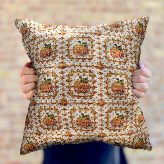 Pumpkin Pillow Fall Decor, Granny Square Pillow Retro Aesthetic Autumn Colors, Woven Accent Pillow, Pumpkin Lover Gift