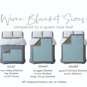 May include: Image showing three woven blankets in different sizes: 37x52 inches, 50x60 inches, and 60x80 inches. Each blanket is displayed on a bed, with text indicating the blanket sizes and names like "new baby blanket" and "queen bed blanket."