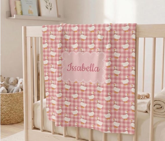 Personalized Goose Baby Blanket, Custom Name Minky Fleece Gingham Nursery Blanket,  Baby Shower Gift