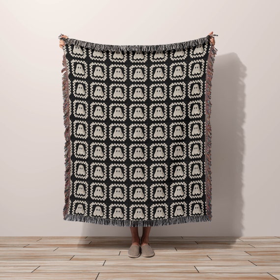 GHOST Granny Square Woven Throw Blanket Halloween Blanket Decor | Made in USA | Cozy Halloween Fall Autumn Dorm College Student Teen SPOOKY