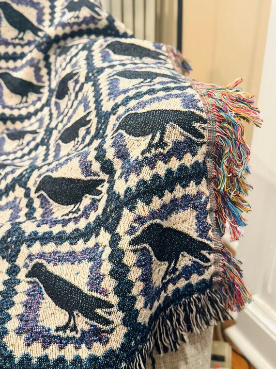 Crow Tapestry Blanket, Witchy Raven Cottagecore Woven Tapestry