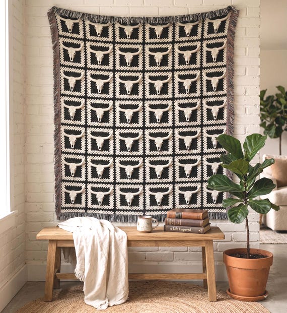 Granny Square Throw Blanket Western Bull Skull | Faux Crochet Gothic Decor | Western Gothic Home Decor | Western Cowboy Tapestry | Wall Art