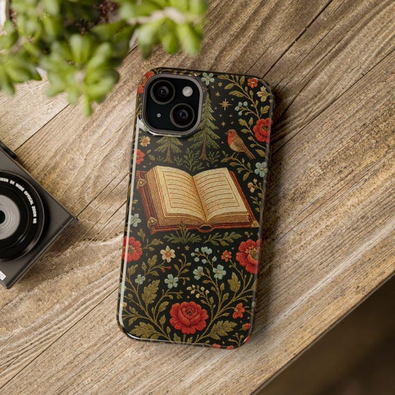 Book Lover Phone Case Literary Girl Cottagecore Cover works with iPhone 13 14 15 16 Max Pro Vintage Embroidery Floral Magsafe Toughcase