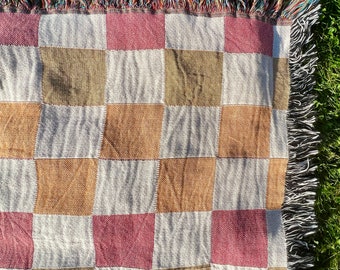 Woven Throw Blanket Checkered Boho Blanket, Cozy Sofa Blanket, living room decor, new apartment, Picnic Blanket Garden Girl Gift Outdoor