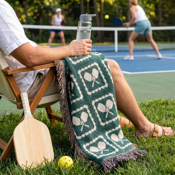 Pickleball Blanket & Wall Tapestry, Woven Cotton Throw, Granny Square Pickleball Home Decor, Gift for Player, Mom, Dad, Coach, Team
