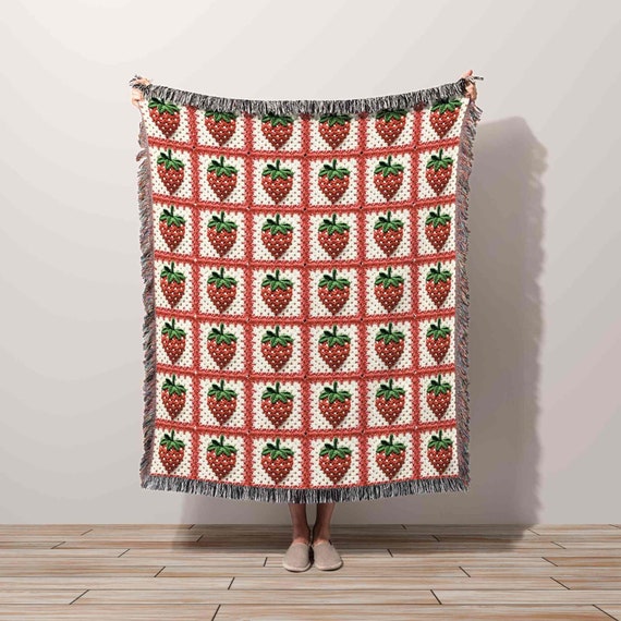 Granny Square Strawberry Blanket Cotton Woven Throw Blanket | Cottagecore Room Decor Idea Gift Coquette Aesthetic Wall Art Tapestry Berries