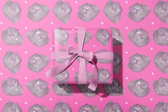DISCO COWGIRL HAT Hot Pink Wrapping Paper Disco Ball Hat | Rolled Gift Wrap Sheet | Birthday, Bachelorette, Nashville Country Western theme