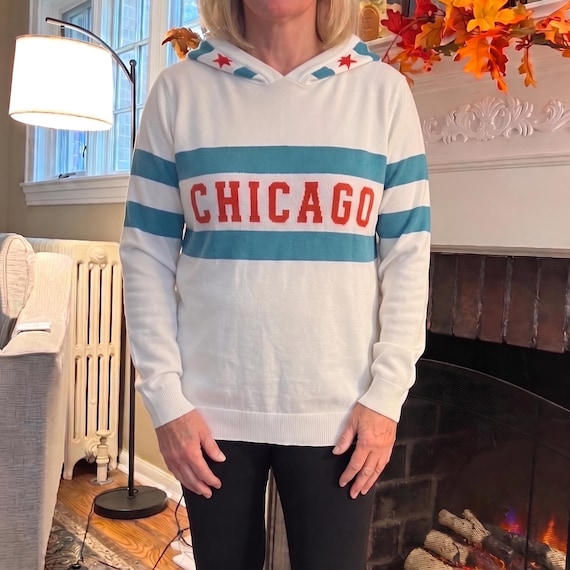 Chicago Flag Knit Hoodie, Cotton Blend Jacquard Pullover, Unisex Cream Blue Red