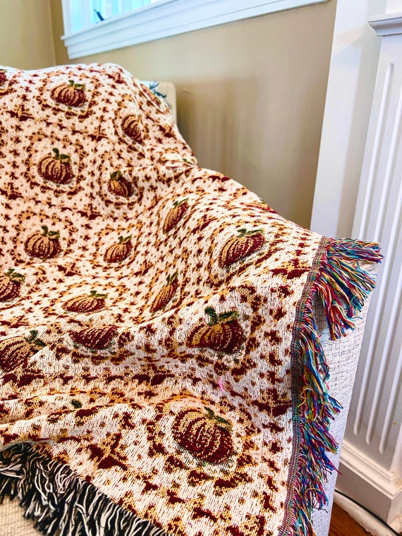 Fall Throw Blanket Cozy Fall Decor, Woven Cotton Boho Blanket, Autumn Cottagecore Granny Square Blanket Pumpkin Aesthetic New Home Gift