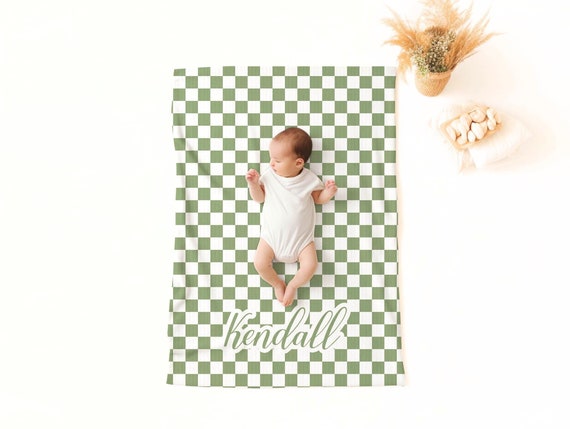 PERSONALIZED KNIT BLANKET Custom Name Gift Soft Checkered Throw Blanket Trendy Nursery Decor, Baby Shower New Mom Gift Gender Neutral