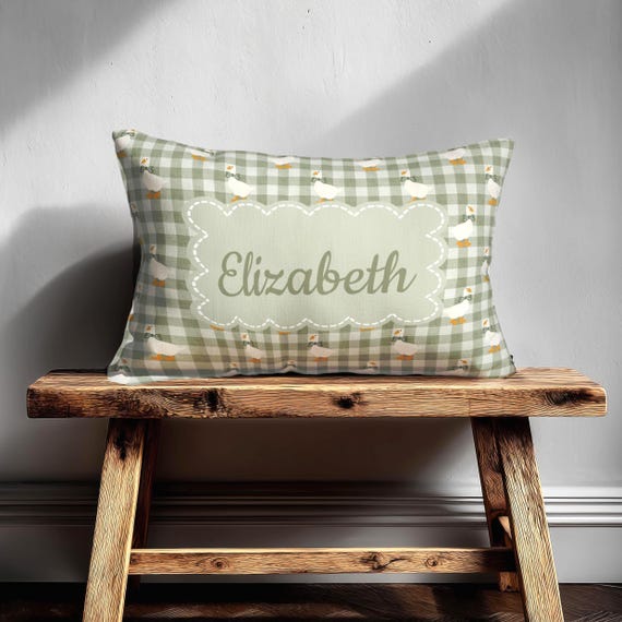 Personalized Goose Pillow Sage Green Gingham Baby Nursery Decor, Custom Name Lumbar Pillow