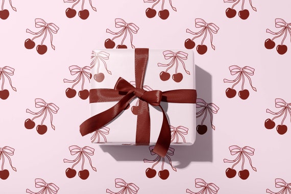 Gift Wrapping Paper Valentine Pink Red Cherry French Bows | Gift Wrap Sheets | Coquette Y2K Cherry | Baby shower, Birthday, Bachelorette