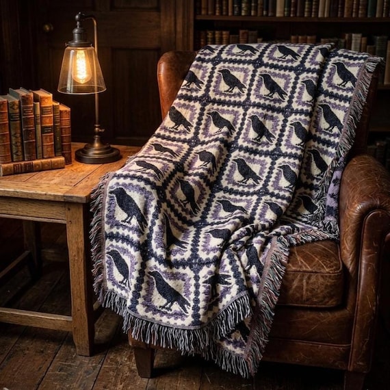 Retro Gothic Crow Tapestry Blanket, Witchy Cottagecore Woven Tapestry