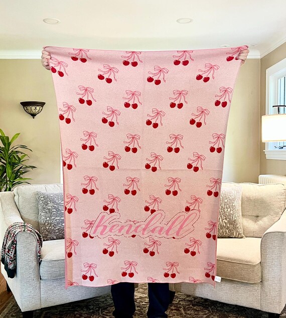 Personalized Knit Blanket Coquette Cherry Bows Throw Blanket, Soft Knit Material Girly Decor, Unique Custom Housewarming Gift Dorm Apartment