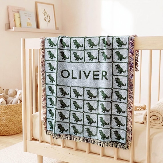 Personalized Dinosaur Woven Throw Blanket, Custom Name T-Rex Baby Shower Gift, Nursery Blanket for Boys