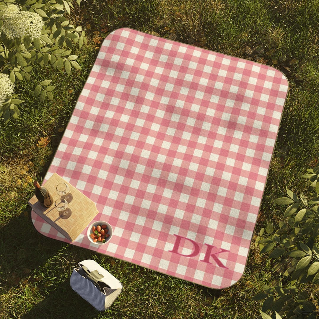 Personalized Pink Gingham Picnic Blanket Custom Monogramed Picnic