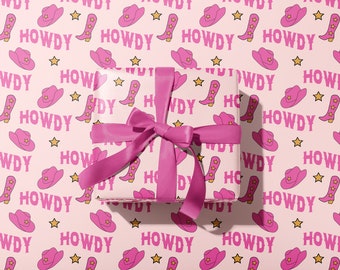 Hot Pink Howdy Cowgirl Wrapping Paper | Country Western Theme | Rolled Gift Wrap Sheets | Birthday, Bachelorette, Nashville | Party Supplies