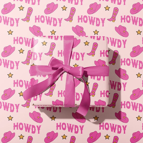 Hot Pink Howdy Cowgirl Wrapping Paper | Country Western Theme | Rolled Gift Wrap Sheets | Birthday, Bachelorette, Nashville | Party Supplies