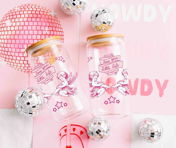 Coquette Glass Can Drink Tumbler Cute Iced Coffee Cup Gift for Girls Love Your Life Inspirational Quote One 16 oz glass can lid straw option