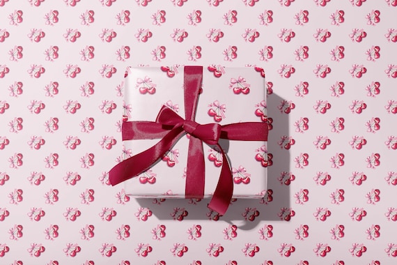 Gift Wrapping Paper Pink Red Cherry Bows, Watercolor Gift Wrap Sheets Coquette French Bow Y2K Cherry, Baby shower, Birthday, Bachelorette
