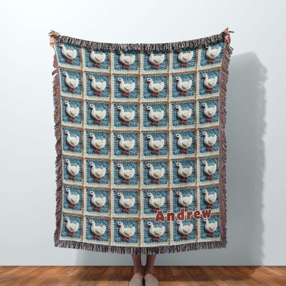 Cute Goose Throw Blanket Woven Cottagecore Blue White Geese, Personalized Name Gift, Patchwork Quilt Lap Blanket Bedding Nursery Decor