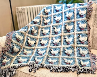 Cute Goose Throw Blanket Woven Cottagecore Blue White Geese, Personalized Name Gift, Patchwork Quilt Lap Blanket Bedding Nursery Decor