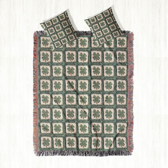 Pillows and Throw Blankets Set, Woven IRISH SHAMROCK Granny Square Blanket & Cushion, Cozy Clover St. Patrick’s Day Gift Tapestry