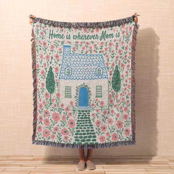 Personalized Woven Cotton Throw Blanket | Cottage Floral Home Decor Folk Art Illustration for Mother's Day Gift