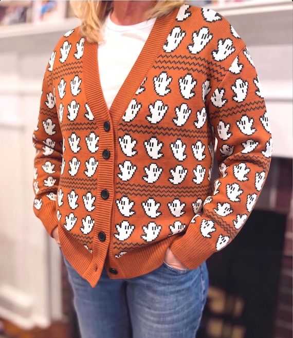 Halloween Cardigan, Ghost Knit Cardigan, Cute Fair Isle Pixel Ghost Sweater, Cozy Retro Spooky Cardigan, Unisex Gift