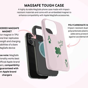 May include: A pink MagSafe phone case with a green clover and the words "lucky girl". The case is made of impact-resistant polycarbonate and has an embedded magnet for compatibility with Apple MagSafe accessories.