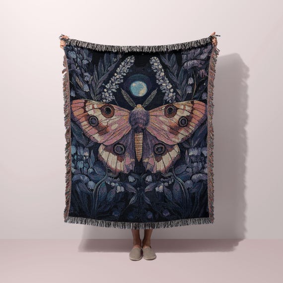 Mystical Moth Throw Blanket, Celestial Wall Art Tapestry, Gothic Home Decor, Witchy Moon Woven Cottagecore Bedding Whimsigoth Dorm Decor