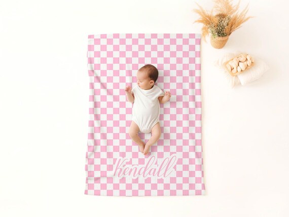 PERSONALIZED KNIT BLANKET Custom Name Gift Soft Checkered Throw Blanket Trendy Nursery Decor, Baby Shower New Mom Gift Boy Girl