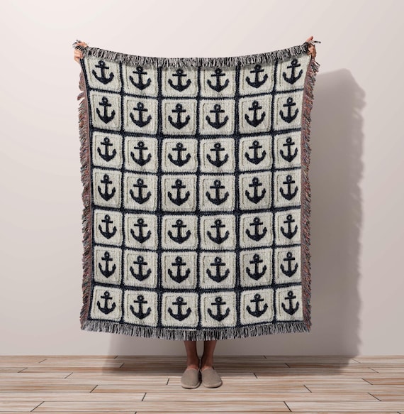 Anchor Throw Blanket, Woven Cotton Blanket Coastal Home Decor, Nautical Decor Rustic Beach Lake House Cabin Lodge Fisherman Aesthetic Gift