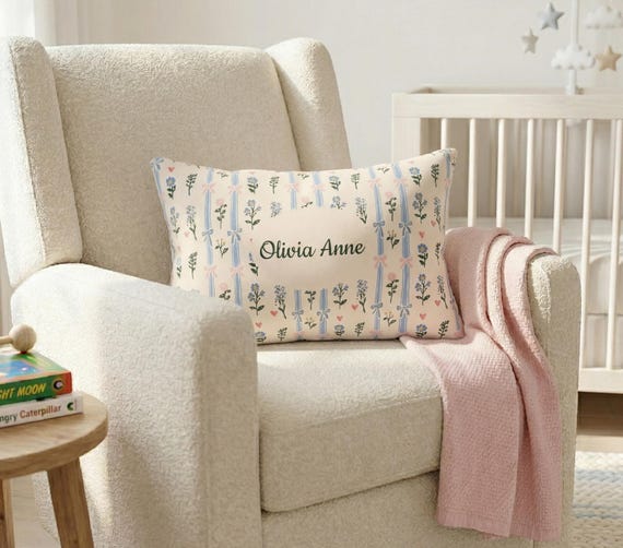 Personalized Lumbar Pillow | Floral Bow Coquette Nursery Decor | Baby Shower Gift