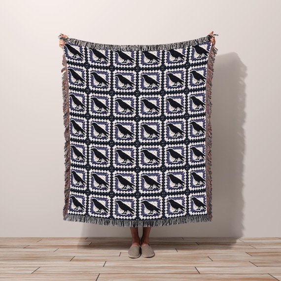 Retro Gothic Crow Tapestry Blanket, Witchy Cottagecore Woven Tapestry