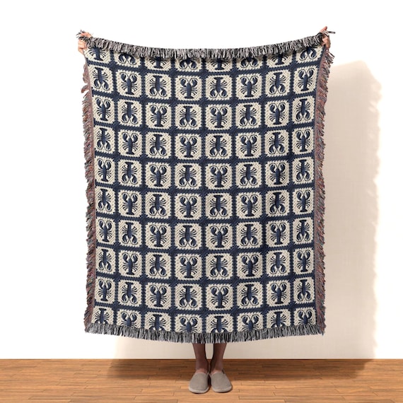 Blue Lobster Throw Blanket Gift, Cotton Coastal Granny Square Woven Blanket for Beach House Decor
