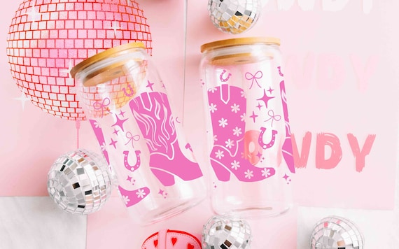 Pink Cowgirl Boots and Bows Glass Can Drink Tumbler, 1 DISHWASHER SAFE 16 oz Glass Cup Bachelorette Coastal Cowgirl Preppy Pink Bows