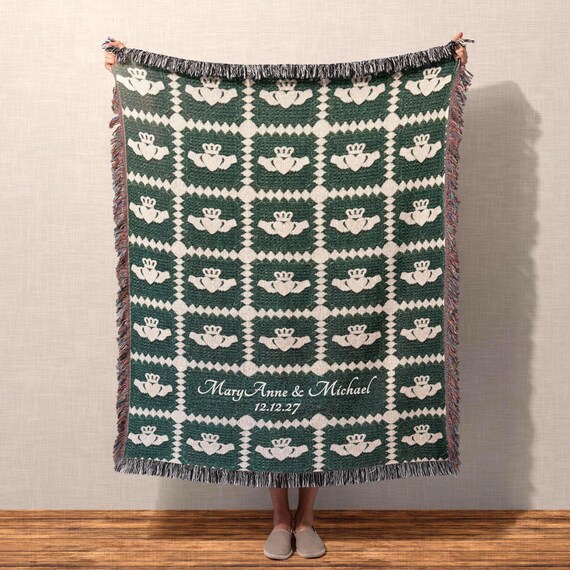 Personalized Claddagh Throw Blanket Irish Gift | Custom Name Date Woven Cotton | St Patricks Day Wedding Anniversary Heirloom Blanket