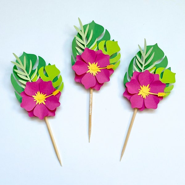 Tropical Flower Cupcake Toppers, Birthday Party, Hawaiian Theme, Party Supplies, Paper Flower, Cupcake Decor