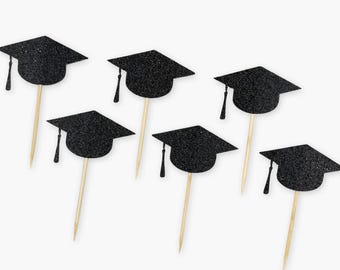 Adornos para cupcakes con birrete de graduación con purpurina negra: decoraciones para fiestas