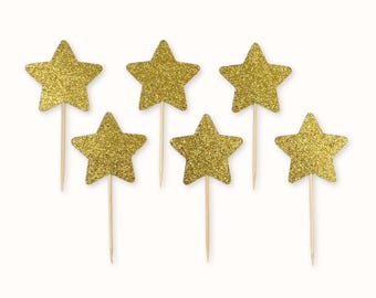 Adornos para cupcakes con estrellas doradas y purpurina: decoraciones para fiestas