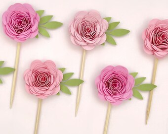 Rose Cupcake Toppers, Birthday Party, Baby Shower, Party Supplies, Paper Flower, Cupcake Decor