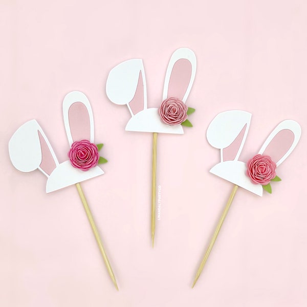 Bunny Ear Cupcake Toppers, Birthday Party, Baby Shower, Some Bunny Theme, Party Supplies, Easter, Cupcake Decor, Paper Flowers