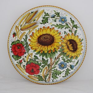 ITALIAN ceramic WALL PLATE Sunflowers and Poppies Tuscan Style