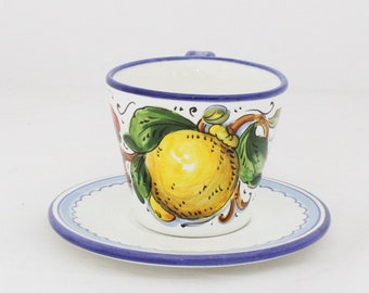 ITALIAN ceramic TEA CUP and saucer handpainted Tuscan lemon pattern