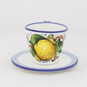 ITALIAN ceramic TEA CUP and saucer handpainted Tuscan lemon pattern