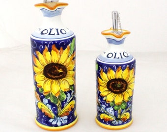 Italian Ceramic Oil cruet "Sunflower on blue" Tuscan pattern Hand painted pottery olive oil bottle, Italian pottery Cruet