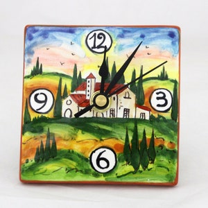 Italian Ceramic Wall and Table Clock Tuscan Landscape pattern &quot;Cypresses&quot;, Hand painted in Tuscany. Fantastic craft gift idea