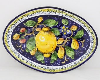 Italian Ceramic Oval Serving Tray and Wall Plate Tuscan lemons and Flowers on blue pattern