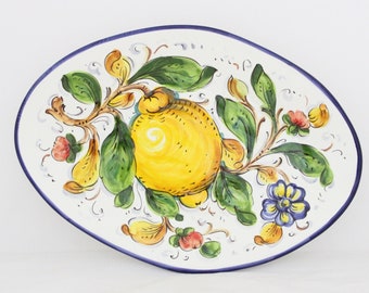 Plateau de Service et Assiette Murale Ovale en Céramique Italienne Motif Citrons et Fleurs de Toscane
